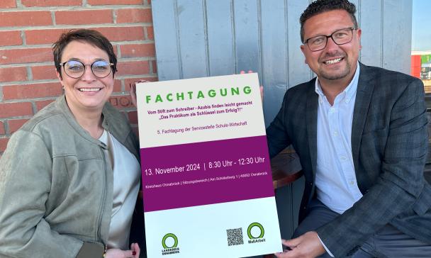 Zwei Personen halten ein Schild in die Kamera.